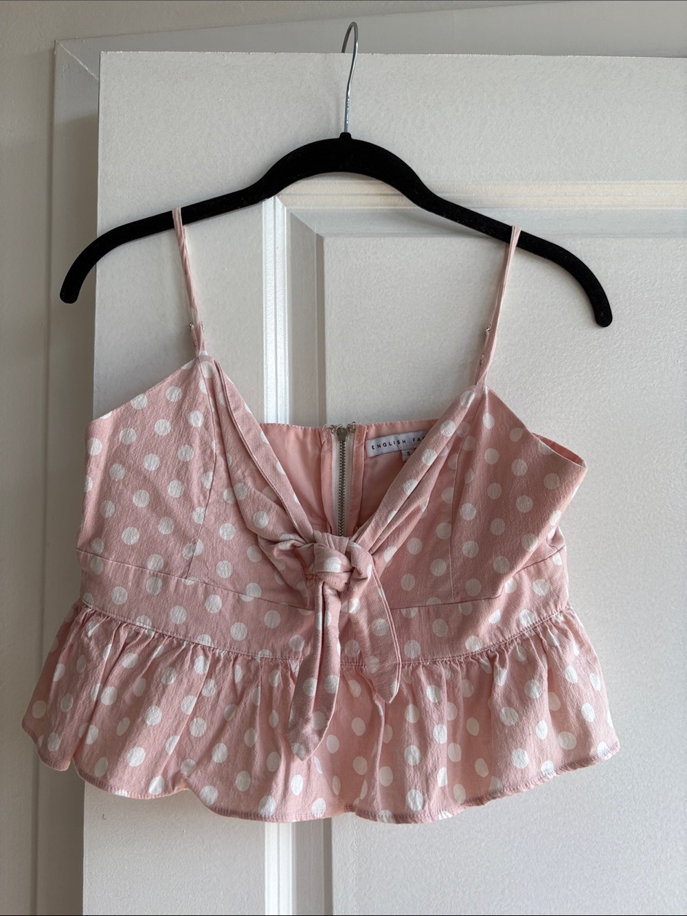 English Factory Pink Polka Dot Tie-Front Ruffle Camisole